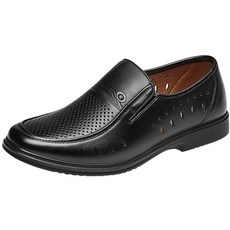 Kangnai Leather Shoes, Perforated Shoes for Men, Summer Sandals, Comfortable Casual Business Formal Dress Shoes, Hollow Shoes, Glossy Breathable Men's Shoes, Black, Size 40