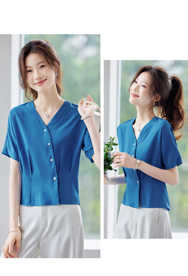 Jeanswest Women's Short Sleeve Shirt 2026 Summer French Style V-Neck Fashion High-End White Top M 4
