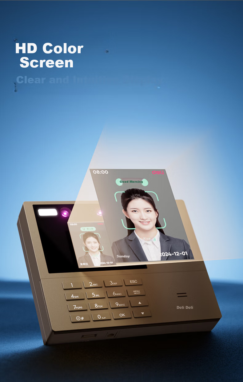 Deli Attendance Machine, Fingerprint And Facial Recognition Device with Palm Vein Scanner, Face Recognition Attendance System with Anti-Photo And Video Check-In Function, Bluetooth Connected to WeChat Mini Programs for Management, 33800WPRO 8