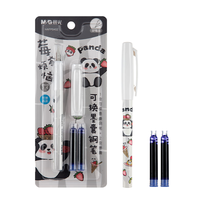 M&G Stationery EF Nib Student Fountain Pen Set (1 Pen + 2 Blue Ink Cartridges, 3.4mm) Panda White Barrel HAFP0402 Back to School Essential