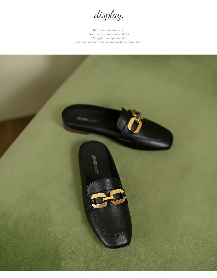 ZHR Zese Women's Square Toe Commuter Slippers One-Step French Mule Half Slippers AH235 Black Size 35 25