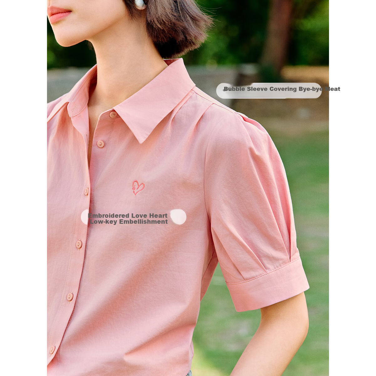 INMAN Commuter Pleated Puff Sleeve Pure Cotton Shirt, Summer Women's Clothing, Turn-Down Collar Embroidered Blouse Top, Light Pink, L