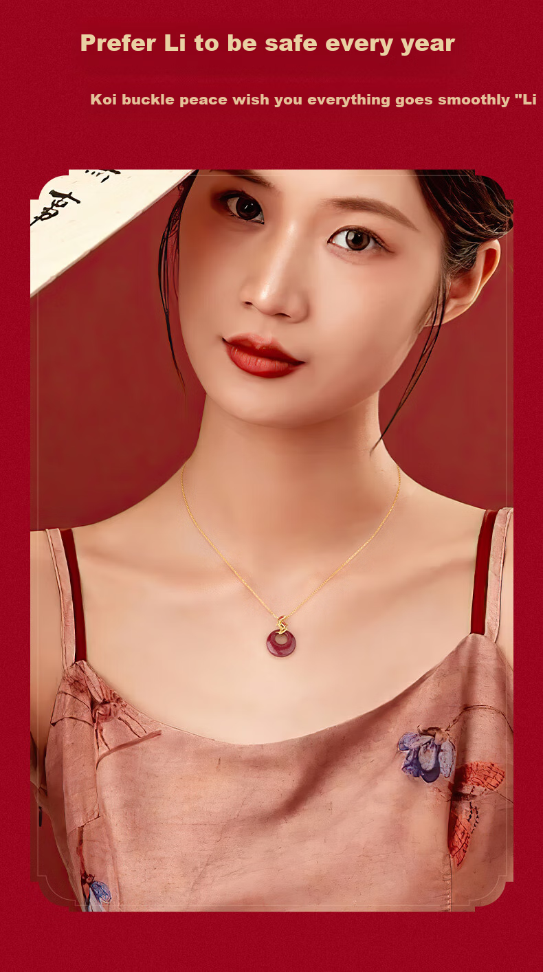 Zhenshangyin Chinese Gold Koi Cinnabar Peace Buckle Silver Necklace for Women, Birthday New Year Gift for Girlfriend Amulet S925 6