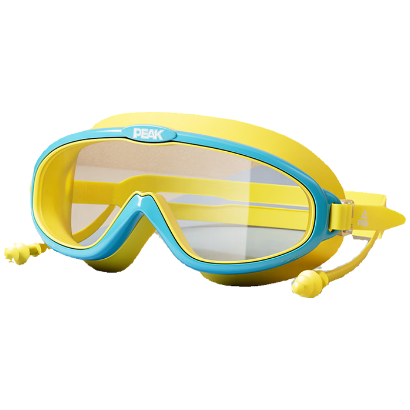 Peak One-Piece Earplug Kids Swimming Goggles Unisex Large Frame HD Anti-Fog Waterproof Transparent Swim Glasses Equipment Blue Yellow