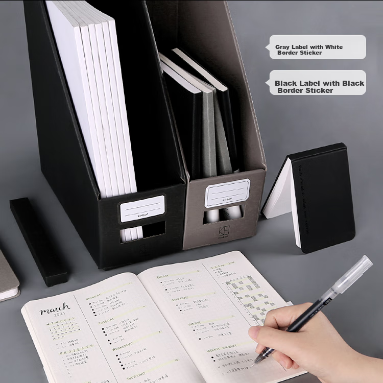 Kinbor A4 File Box, Corrugated Cardboard Document Organizer, Office Desk Storage Box, Vertical Bookshelf with Free Labels / Heart's Direction Gray DT53122 6
