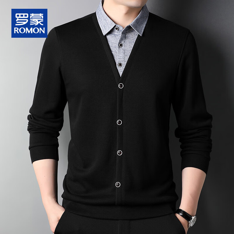 ROMON Autumn Winter Fake Two-Piece Knit Sweater Men Lapel Base Shirt Business Casual Warm Sweater for Young and Middle-Aged Men