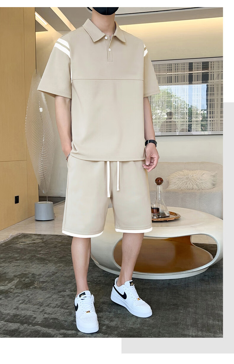 Jeanswest Outdoor Sports Short Sleeve T-Shirt Set for Men Summer Half Sleeve Top and Shorts Ice Cooling Quick-Dry Casual Two-Piece Set Light Khaki XL 15