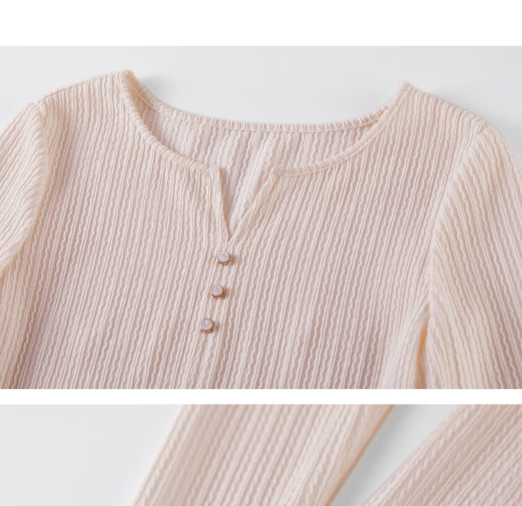 Sentubila [Solid Color Long-Sleeve T-Shirt], 2025 Autumn Vertical Striped Textured V-Neck Placket Three-Button Elastic Long T-Shirt 23