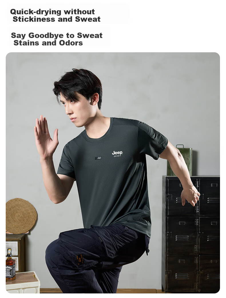 JEEP Men's Short-Sleeve T-Shirt, Summer Breathable Quick-Dry Tactical Tee, Outdoor Antibacterial Loose Round Neck Top, Aurora Black, Size L 4