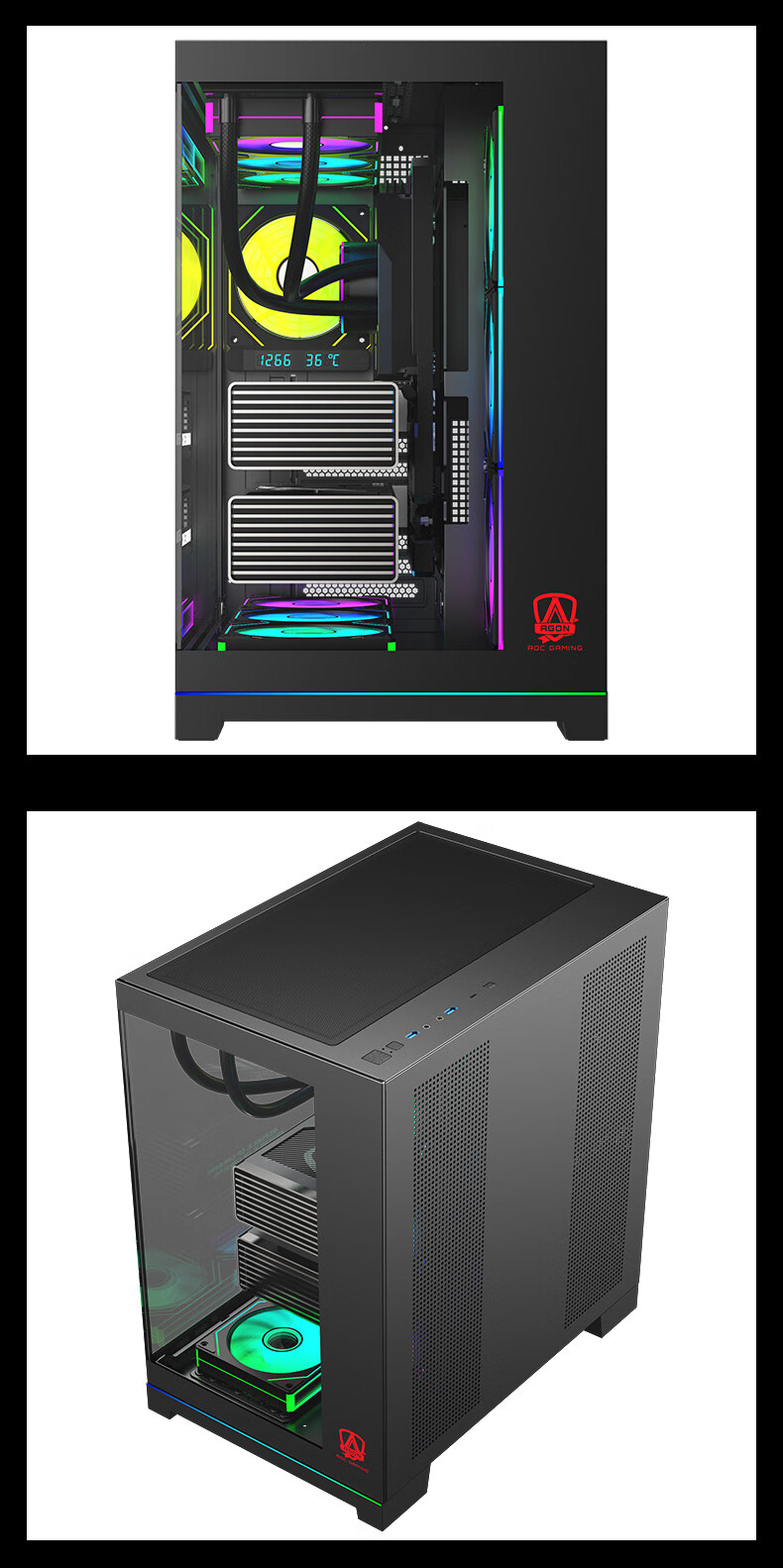 AOC AIC ACG801B Black Ultra-Competitive Full Tower Panoramic Case, ARGB Lighting Strip, Supports ATX Motherboard, Graphics Card Limited to 410mm, Compatible with 360mm Water Cooling, Left And Right Compartments, 10 Fan Positions 2