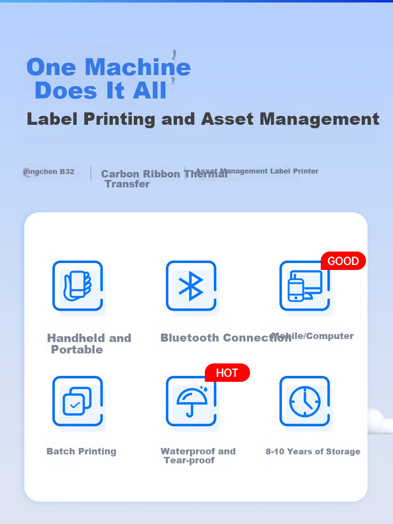 Jingchen Fixed Asset Label Printer B32, Office Storage Shelf School Bank Label Printer, Laboratory Reagent Refrigeration Low-Temperature Liquid Nitrogen Barcode Machine, B32 + Labels + Ribbo 5