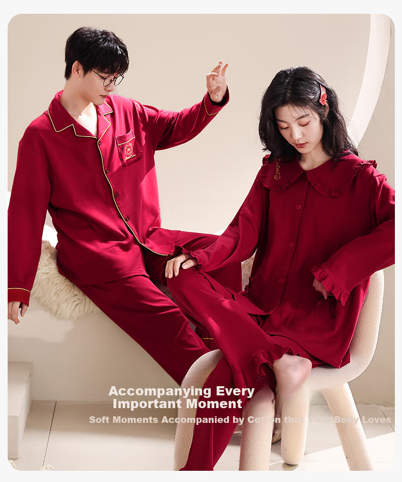 Yiduo Wedding Couple's Pajamas, Women's Autumn And Winter Pure Cotton Long-Sleeve Red, Zodiac Year, Men's And Women's Festive Home Wear Set 4