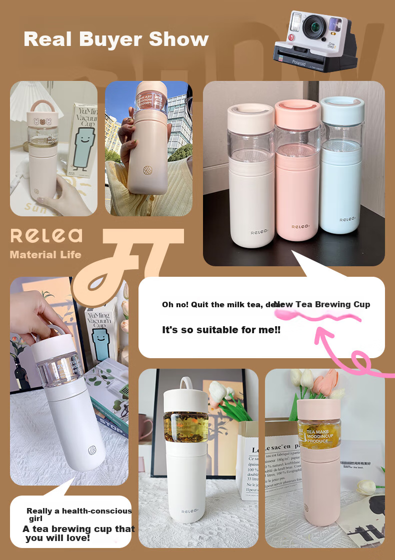 RELEA Insulated Water Bottle Unisex Tea Separation Cup Large Capacity 316L Stainless Steel Independent Tea Compartment Brewing Cup Floral Tea Mug 1