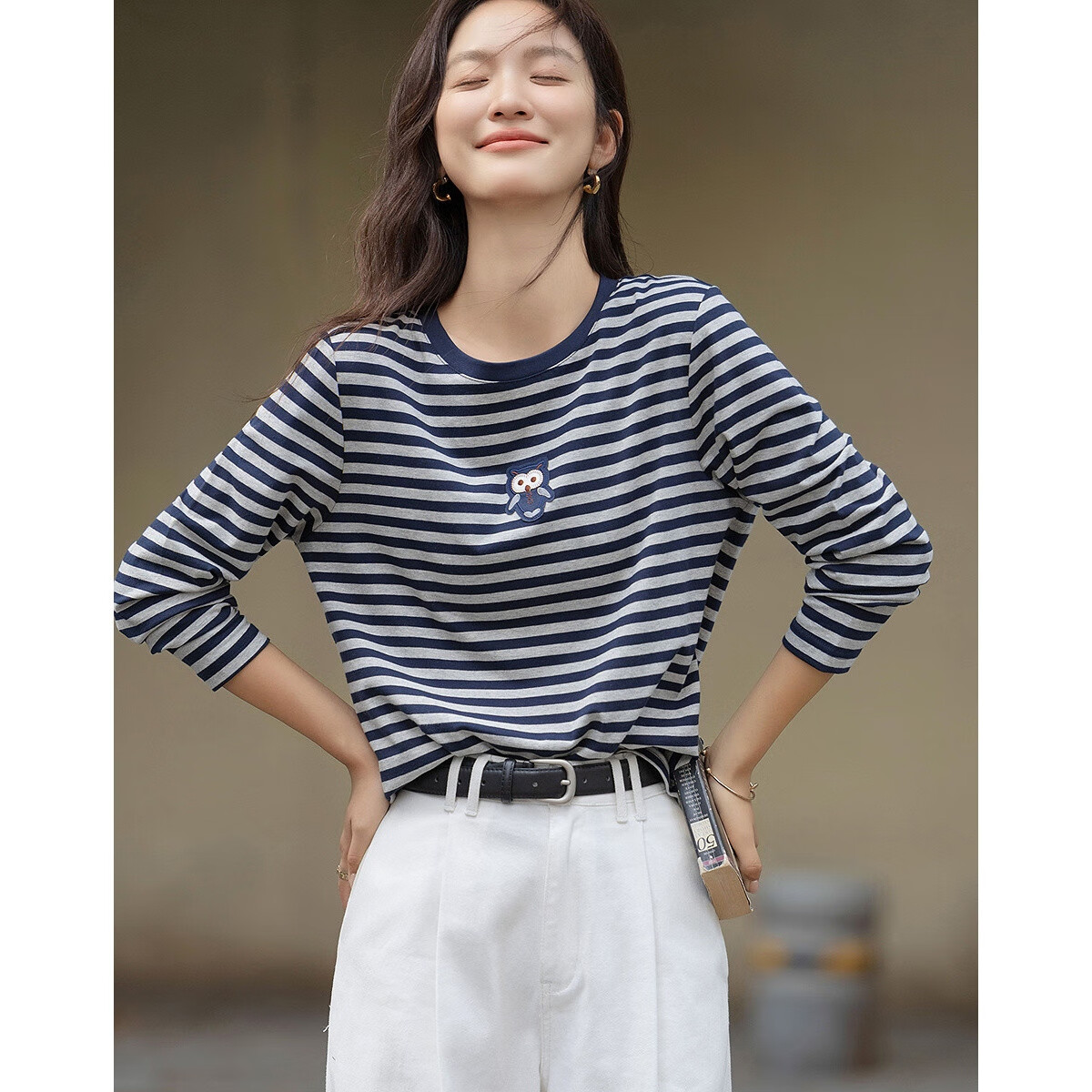 Demna【Striped Liberal】Spring and Autumn Loose Contrast Color Long Sleeve T-shirt Women Cute Patch Embroidery Concealed Flesh Women's T-shirt