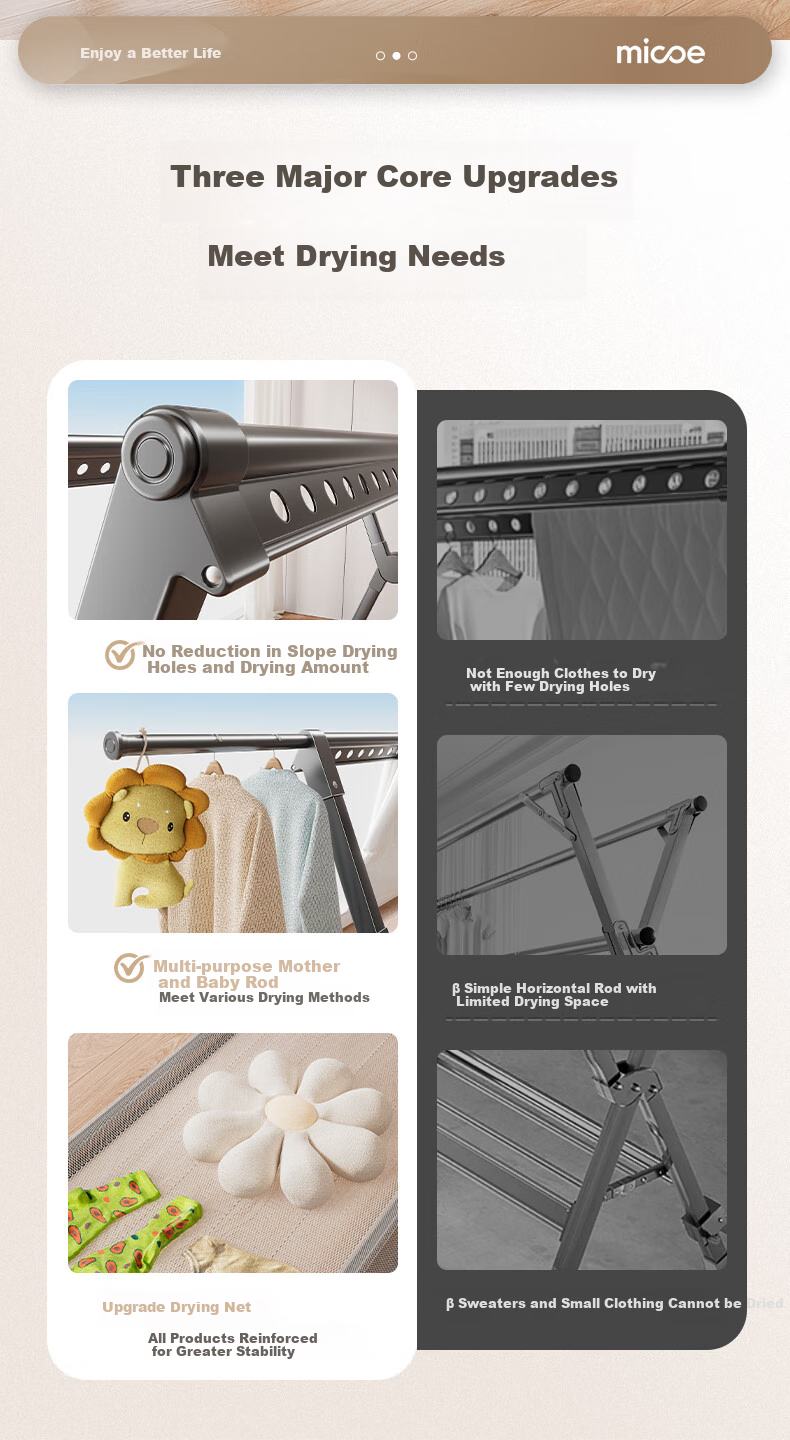MICOE Floor-Standing Aluminum Alloy Clothes Drying Rack, Extendable Folding Clothes Hanger, Balcony Quilt Drying Rod 1