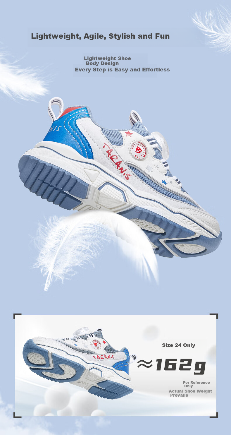 TARANIS Children's Sports Shoes, Spring Anti-Slip Wear-Resistant Boys Running Shoes, Rotary Buckle Girls Dad Shoes, White/blue/red, Size 37 2