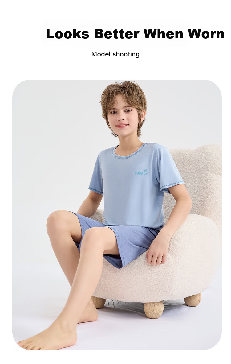 LangSha Children's Pajamas for Boys, Summer Thin Breathable Short-Sleeve Sleepwear Set Suitable for Older Kids, Green, Size 120 9