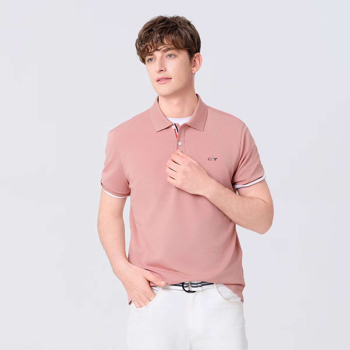 Goldlion GY Short Sleeve Polo Shirt Spring Summer Men's Casual Silk T-Shirt TSF0052-PT051 Light Pink 3XL