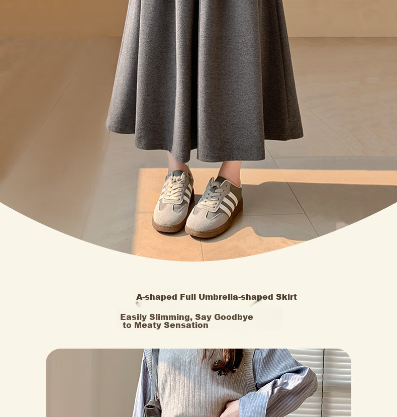 LangSha Women's Woolen Feel Skirt 2026 Spring Autumn High Waist Loose Slim A-Line Mid-Length Skirt 2