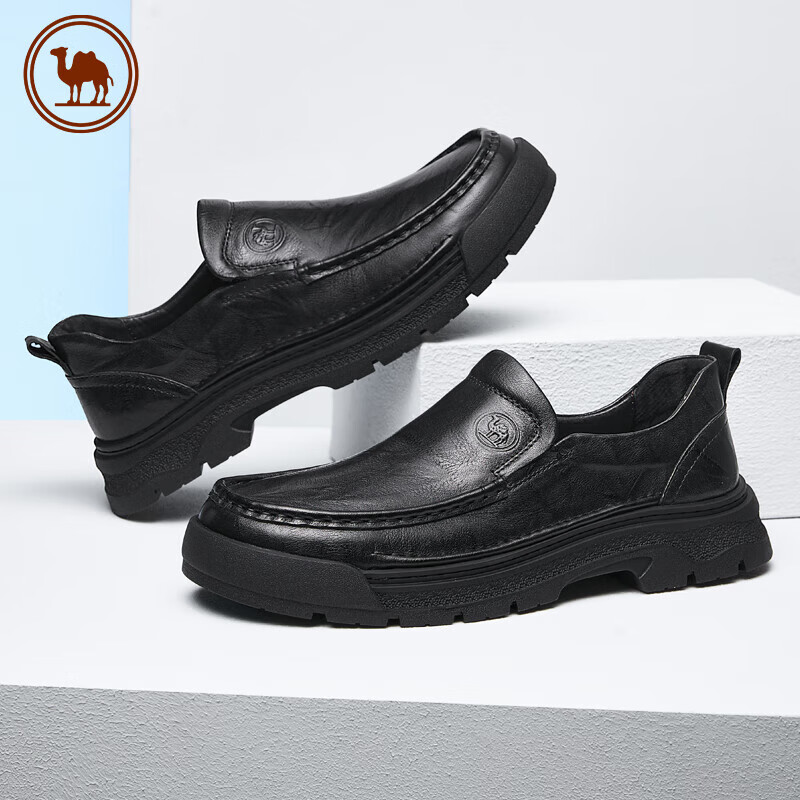 CAMEL Leather Shoes for Men, Business Casual Comfortable Cowhide Height-Increasing Dad Shoes P15A155002 Black Size 40