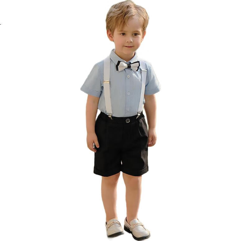 LUOBOBEIBEI Children's Summer Short-Sleeve Shirt And Suspender Shorts Set, Boys' Performance Formal Wear, Black Four-Piece Set, Size 150