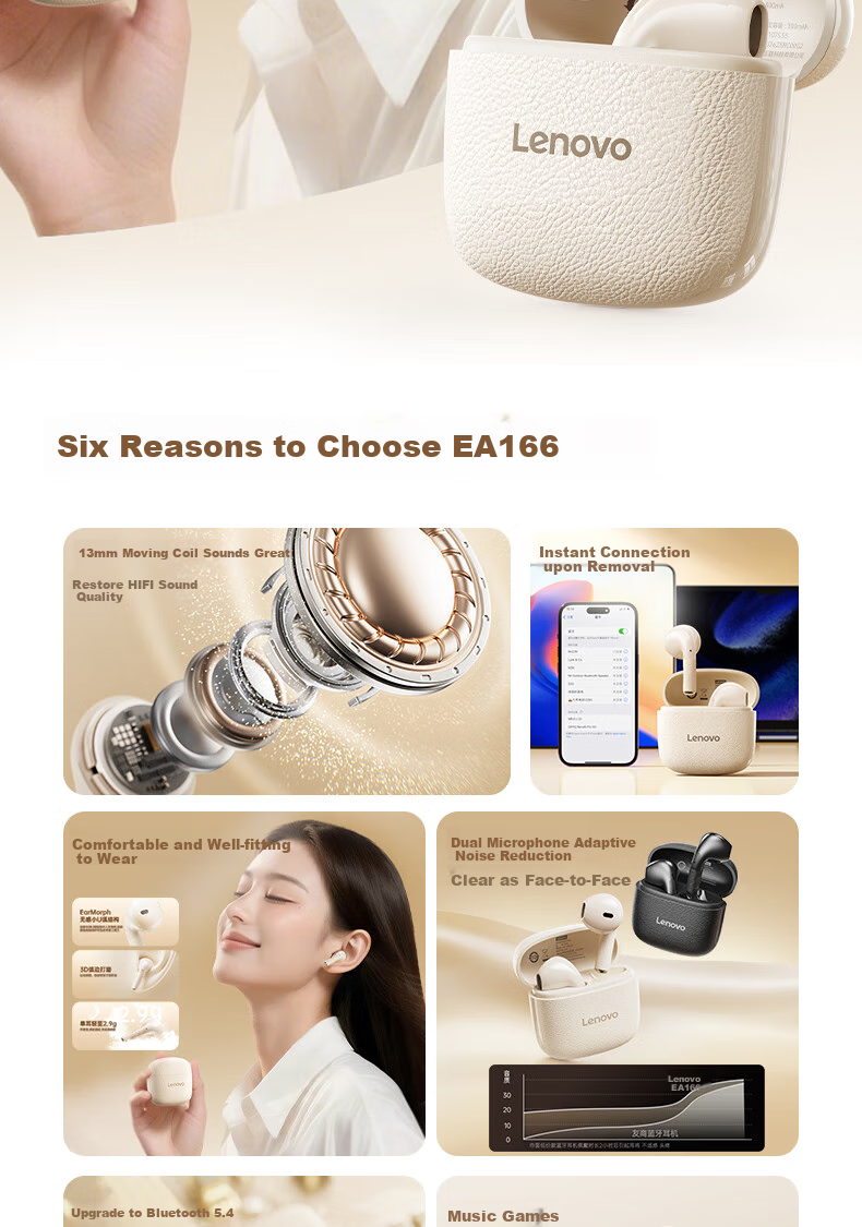 Lenovo Bluetooth Earphones, Semi-In Style, 2026 Popular Model, Bluetooth 5.4, Low Latency, High Sound Quality, Long Battery Life, HD Audio, Wireless Headphones, EA166, Moon Rock White 2
