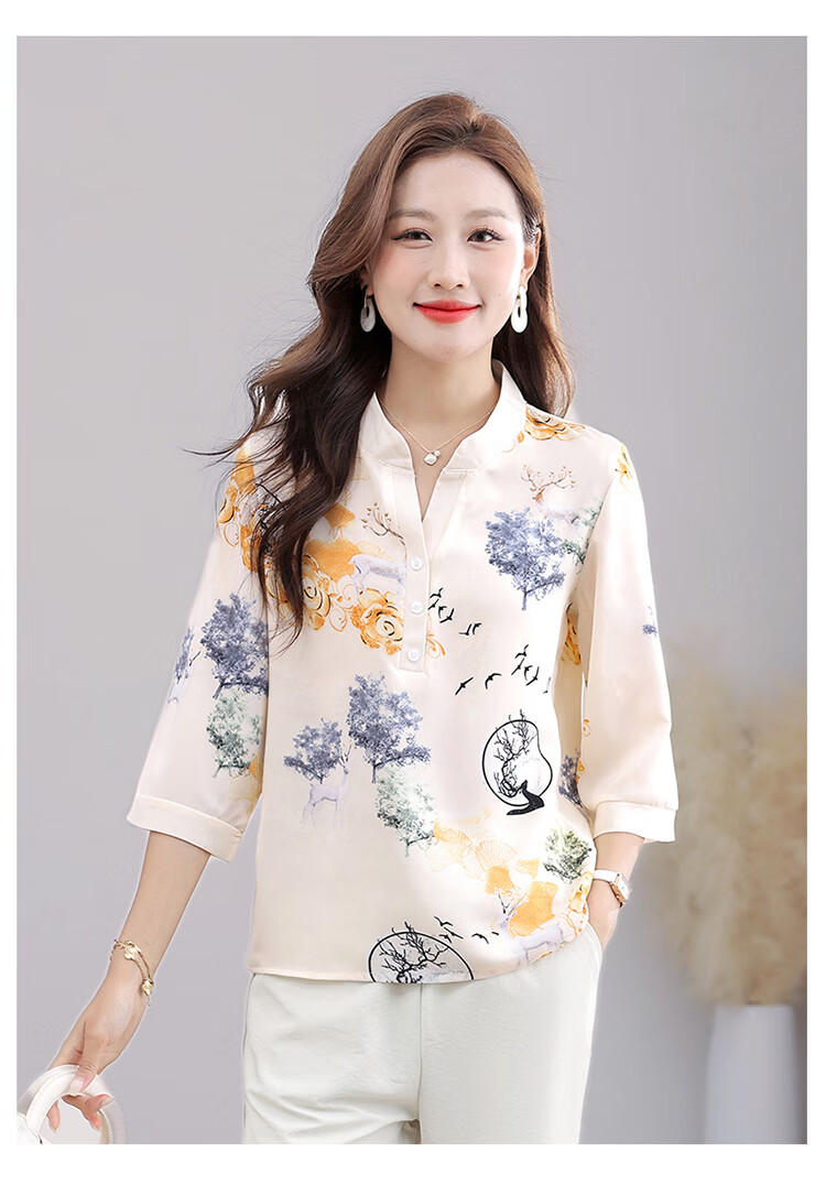 Woodpecker Women's Short Sleeve T-Shirt Casual Floral Shirt Middle-aged and Elderly Mom Loose Elegant Top Summer Blue 2XL 18
