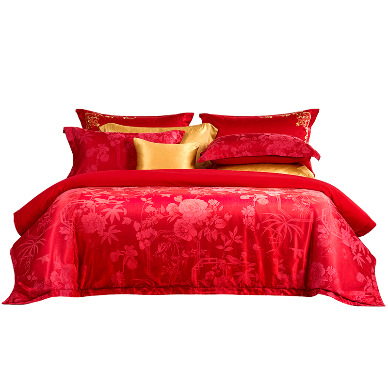 Fuanna Wedding Four-Piece Set Peony Jacquard Chinese Style Wedding Bedding Set Newlywed Dowry Gift 1.8m Bed