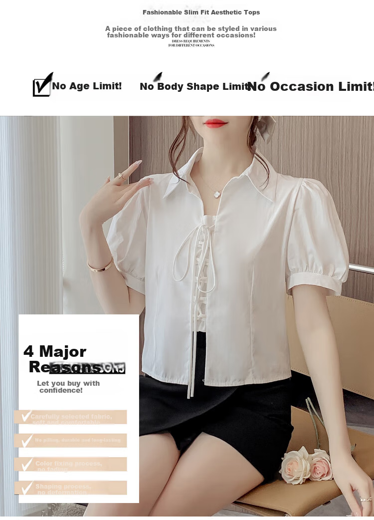 JEANSWEST Women's Summer 2025 Loose Puff Sleeve Short Sleeve Crop Shirt White L 2
