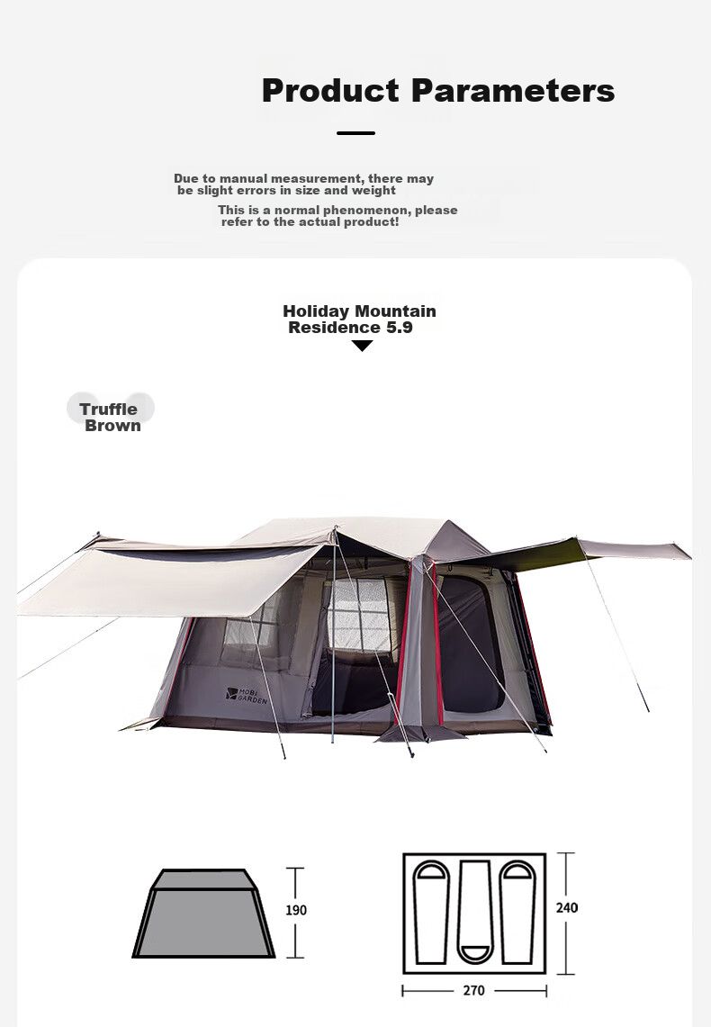 MOBIGARDEN Holiday Mountain Cabin 6+6 Outdoor Camping Sunshade Automatic Quick-Open Titanium Black Coated Tent NX25661033 Truffle Brown 15