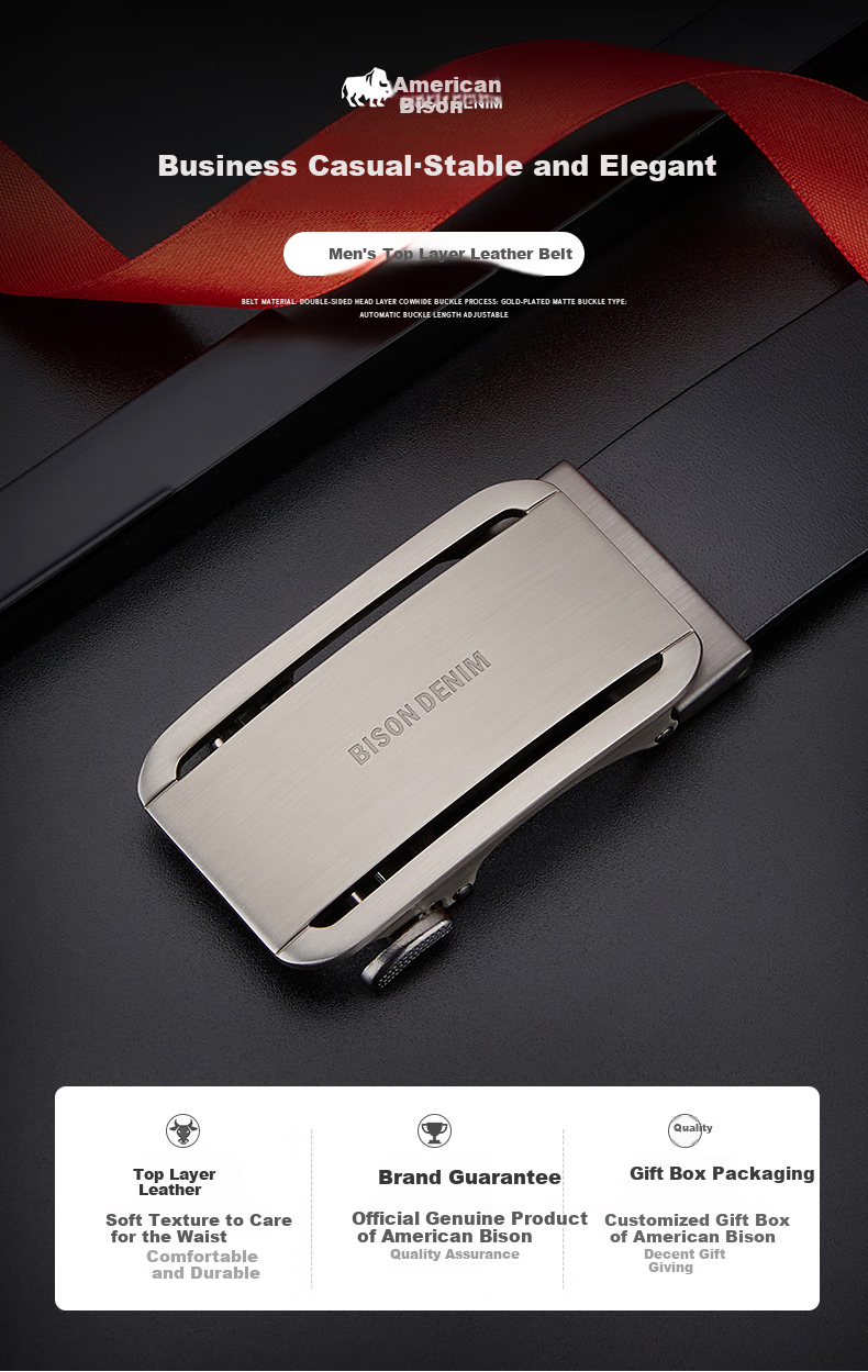 Meizhouyeniou Men's Belt, Top-Grain Leather, Automatic Buckle, Business Belt, Gift Box Packaging, Birthday Gift for Boyfriend 1