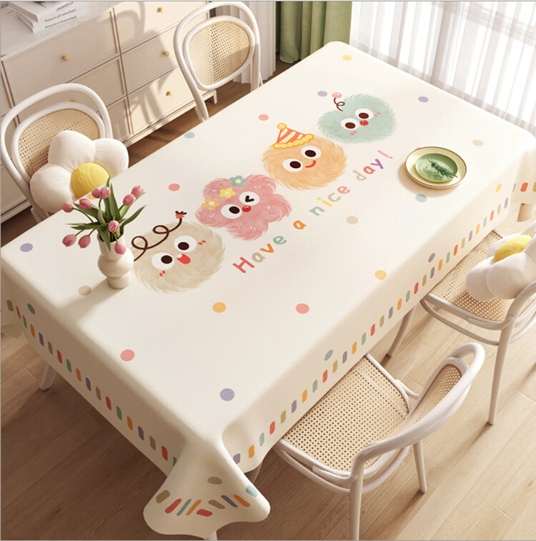 Jingxun Cartoon Cream Style Tablecloth, Waterproof And Oil-Proof, Washable Dining Tablecloth, Light Luxury Simple Atmosphere, Square Tablecloth 90*140 1