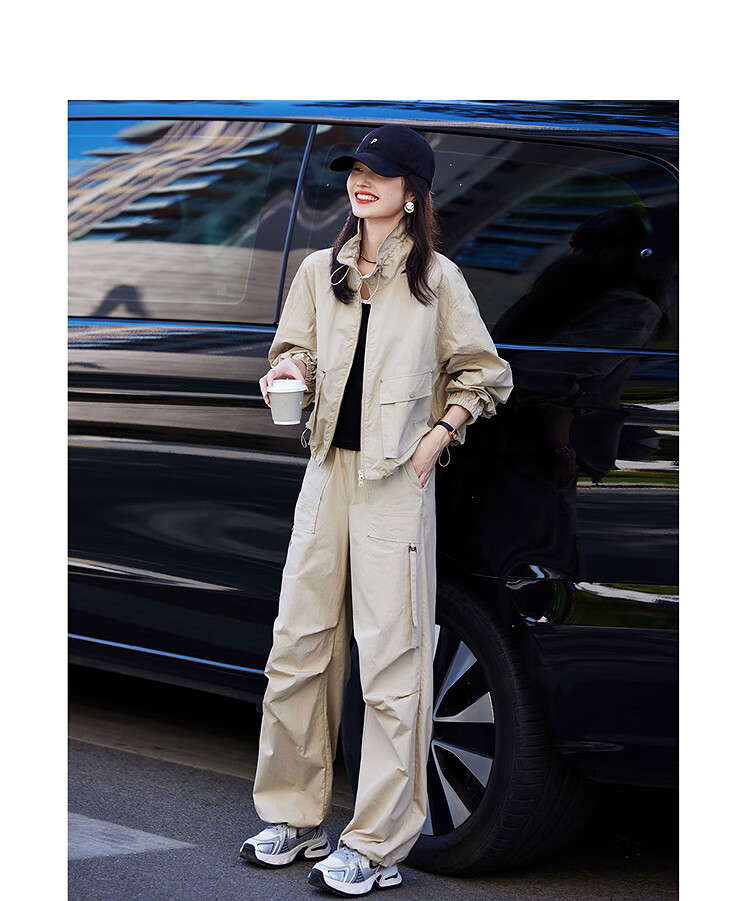 Awakening Paradise 26 Spring New Stand Collar Drawstring Jacket High Waist Cargo Jogger Lightweight Casual Set Navy Blue S 8