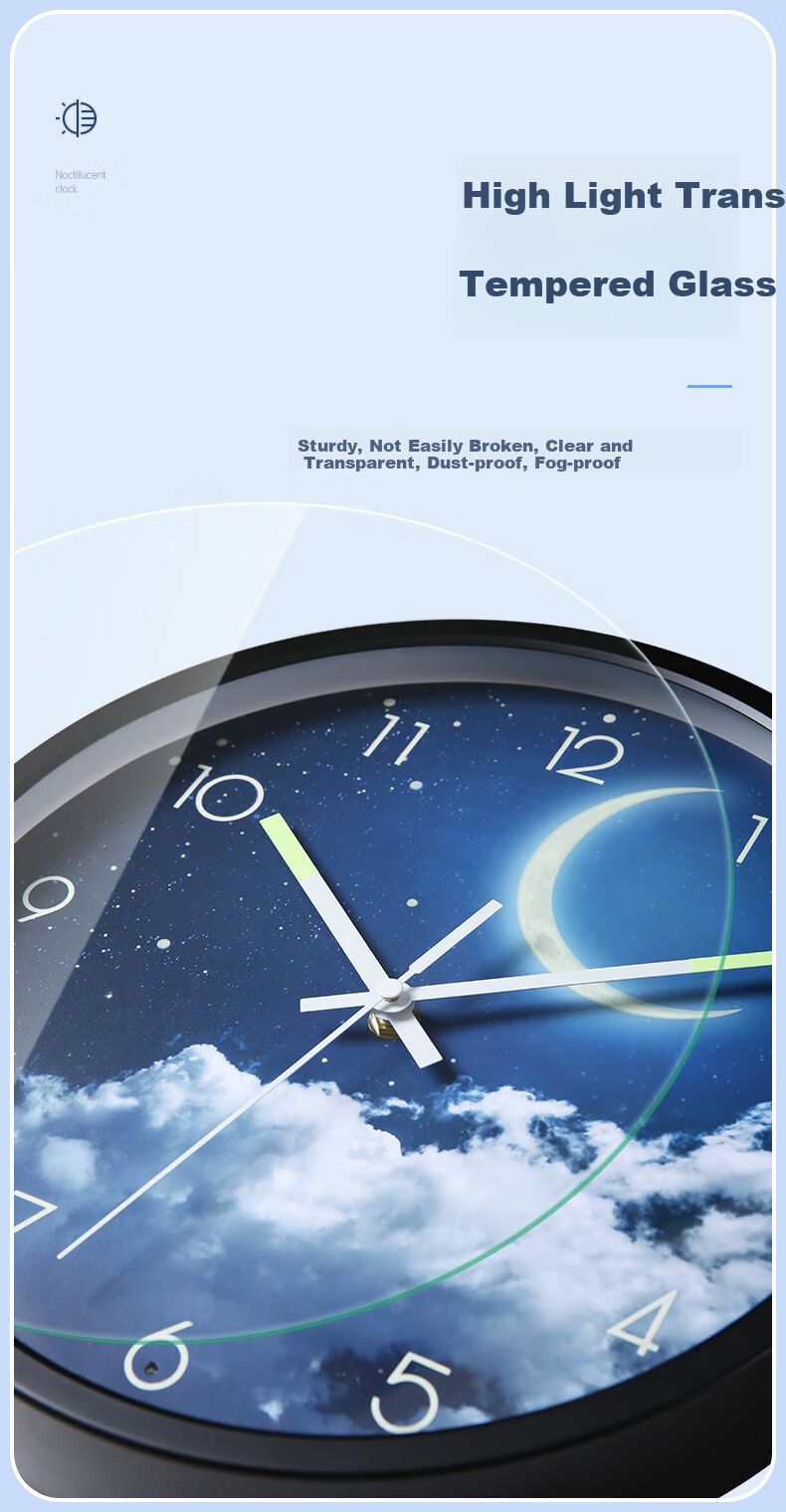 BBA Wall Clock, Creative Night Light, Living Room Wall-Mounted, Home Use Luminous Wall Clock, Bedroom Timepiece, Moon - Ambient Light, 30cm 10