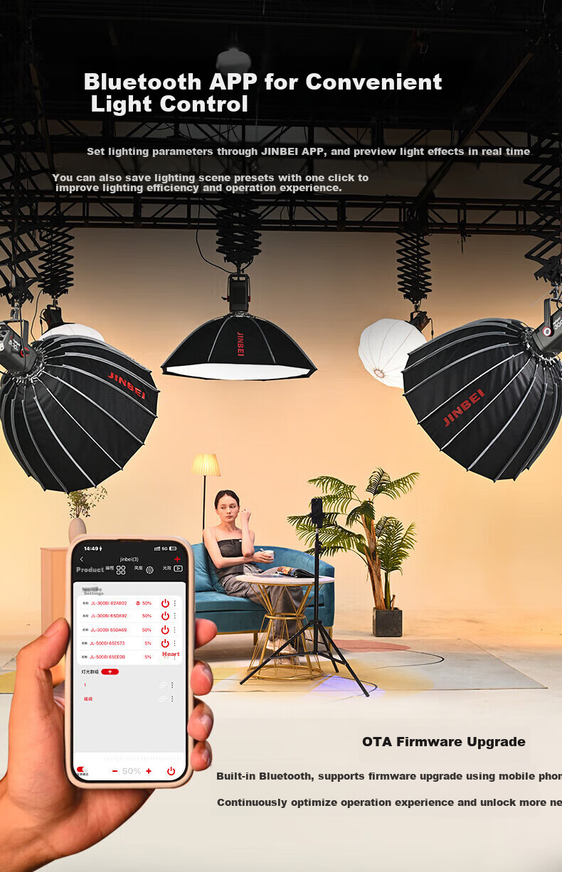 JINBEI JL300BI Photography Live Streaming Fill Light, Dual Color Temperature LED Video Constant Light, 300W High Power, for Studio Wedding Portrait Photography, Main Light for Streamers, Studio Hair Light 8