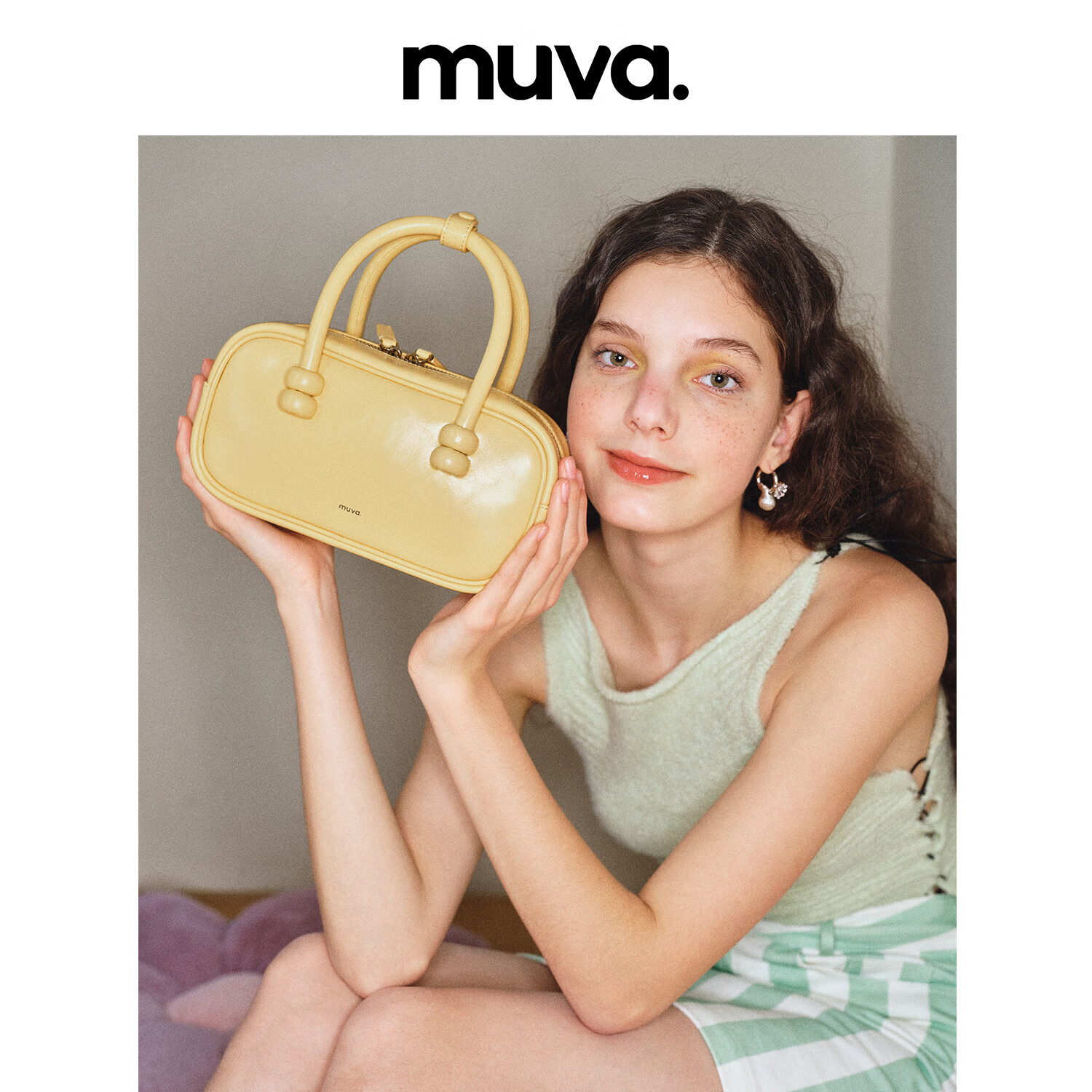 MUVA Zhao Zhaoyi's Boston Red Handbag, Women's Commuter Genuine Leather Crossbody Bag Gift, Cream Yellow