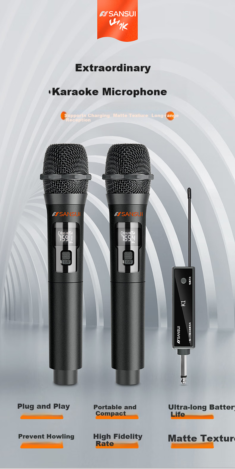 SANSUI KM3 Wireless Microphone, Professional U-Band One-To Wireless Microphones, KTV Sound System, Handheld Microphone for Stage Performance, Karaoke, Wedding Ceremonies 1