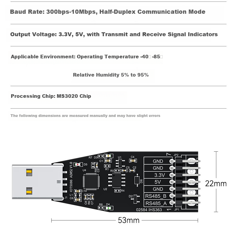 DTECH , DTECH USB to RS485 Serial Port Converter with Indicator Light, USB to Serial RS485 Module Communication Converter MS3020 Chip IOT5086A(MS) 8