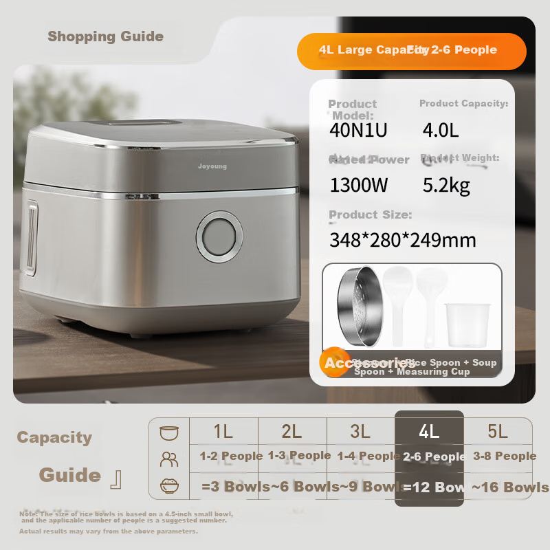 Joyoung Space Series Home Use 2024 Model, 0 Coating 4L Uncoated Rice Cooker, 316L Stainless Steel Inner Pot, Electric Rice Cooker 40N1U