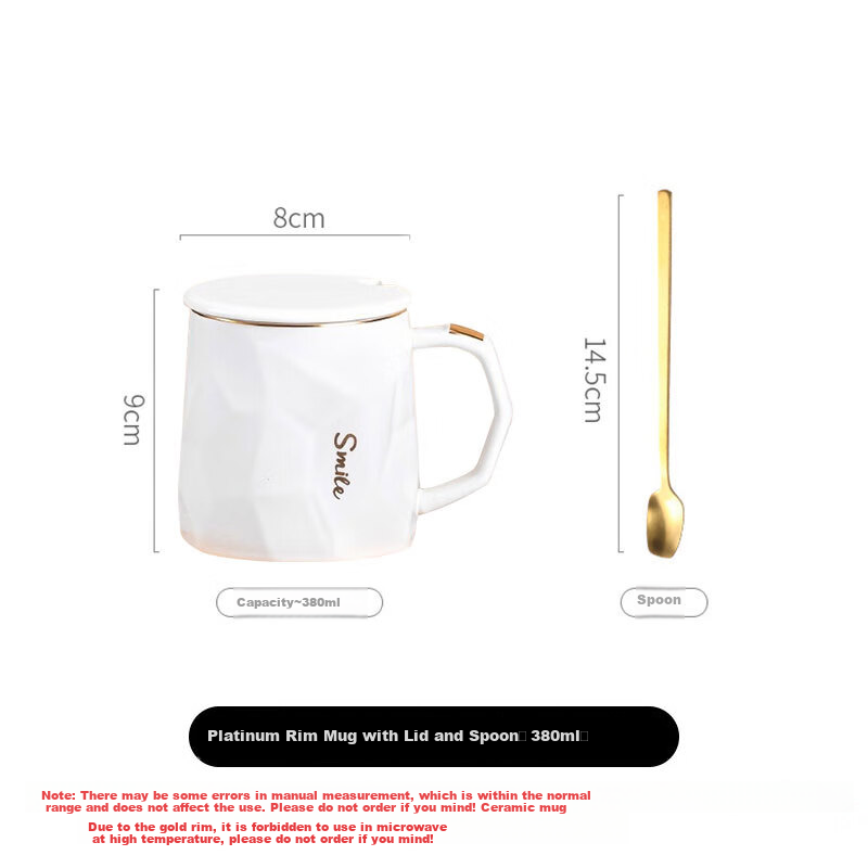JIWUSENLIN Ceramic Mug with Lid, Large Capacity Coffee Cup, Couple's Cup, Milk Cup, Breakfast Water Cup, Tea Cup for Men And Women, White