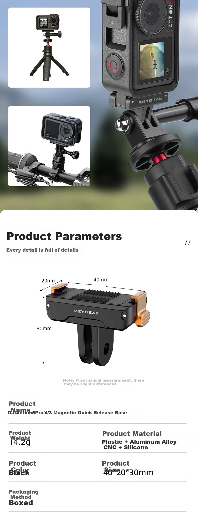 REYGEAK Quick-Release Adapter for DJI Action 4/5 Pro, Compatible with Action 3 Osmo 360 Magnetic Quick-Release Base, Cycling Gimbal, Action Camera Accessories, Adapter Bracket 9