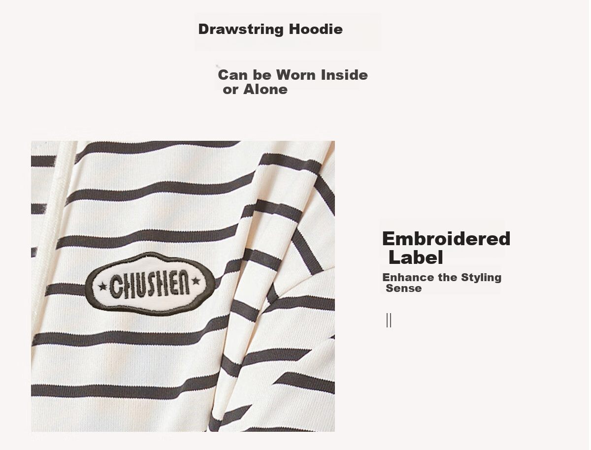 Chushen Women's Hoodie, Contrasting Colors, Drawstring Hood, Korean Style Stripes, Simple Elegant Fashion Versatile Top S141W1012 5