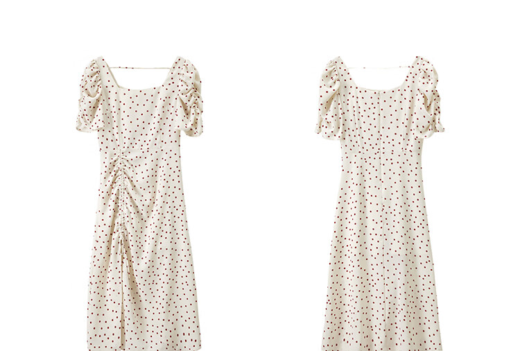 Sentubila French-Style Dress for Women, Summer Square Neckline, Ruched Sleeves, Vintage Polka Dot, Pleated Slit A-Line Skirt 17