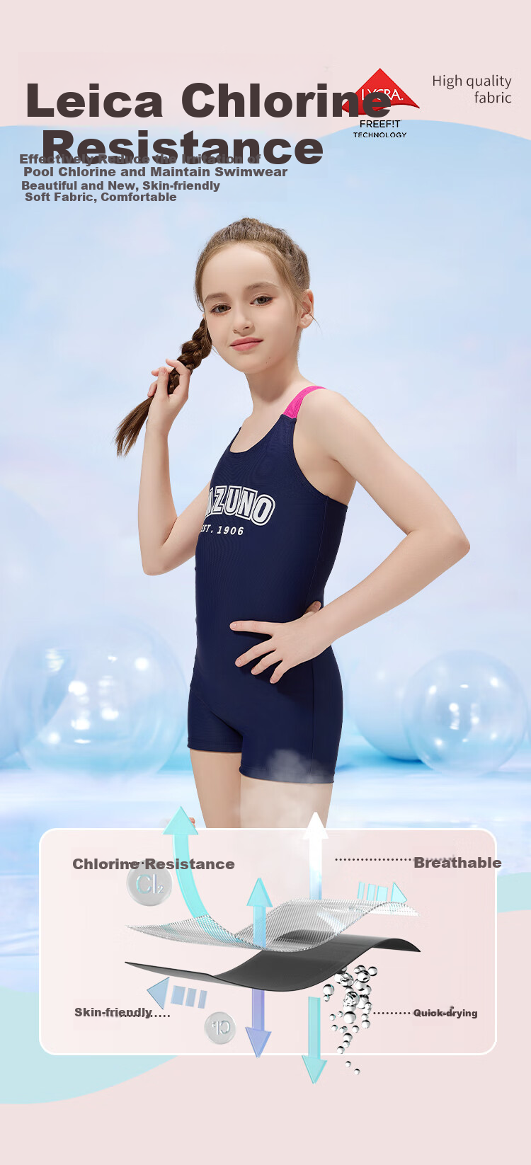 MIZUNO Children's Swimsuit, One-Piece Square Leg, Professional Training, Beginner Swimwear, Soft And Form-Fitting, Swimming Equipment, AB401 Blue, Size 150 5