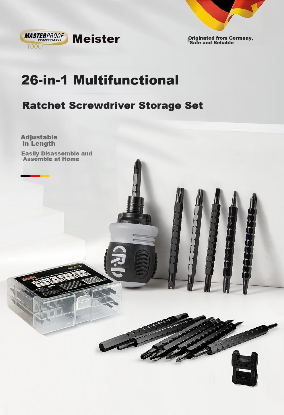 MASTERPROOF Multi-Functional Ratchet Screwdriver Set with Unique Bull Head, Plug-In Socket, And Triangular Head for Power Strips, Two-I 1