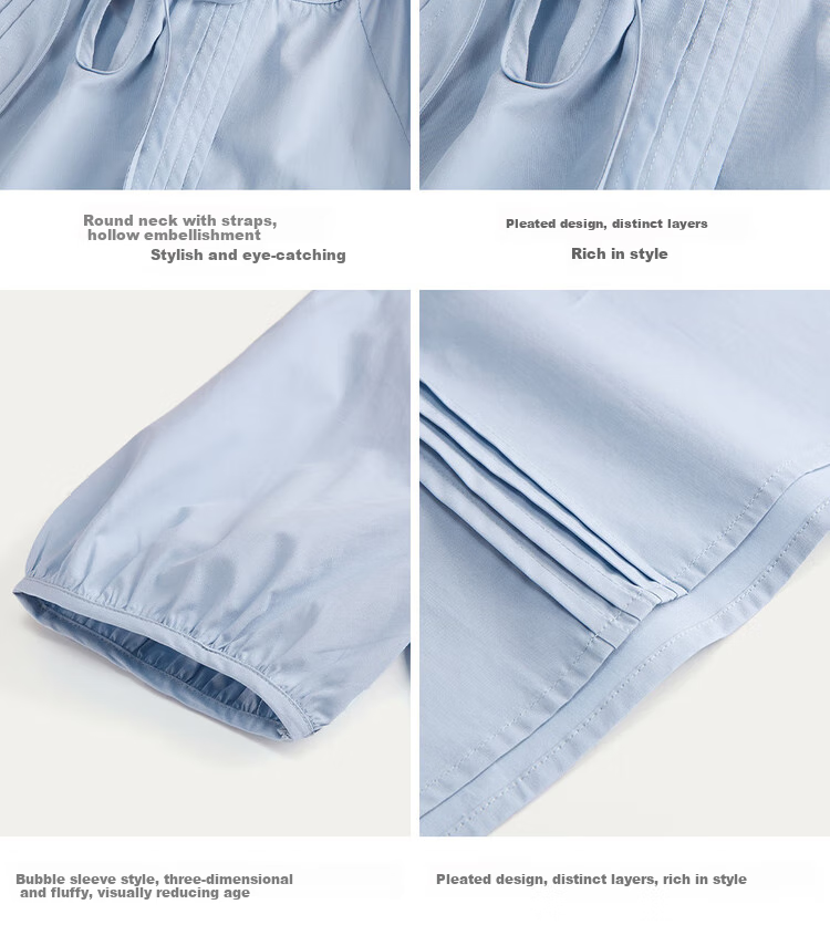 Giordano Women's Short-Sleeve Shirt, Pure Cotton, Brocade, Tie-Up Collar, Pleated, Raglan Sleeve, French Style, Elegant Blouse, 13345305 21