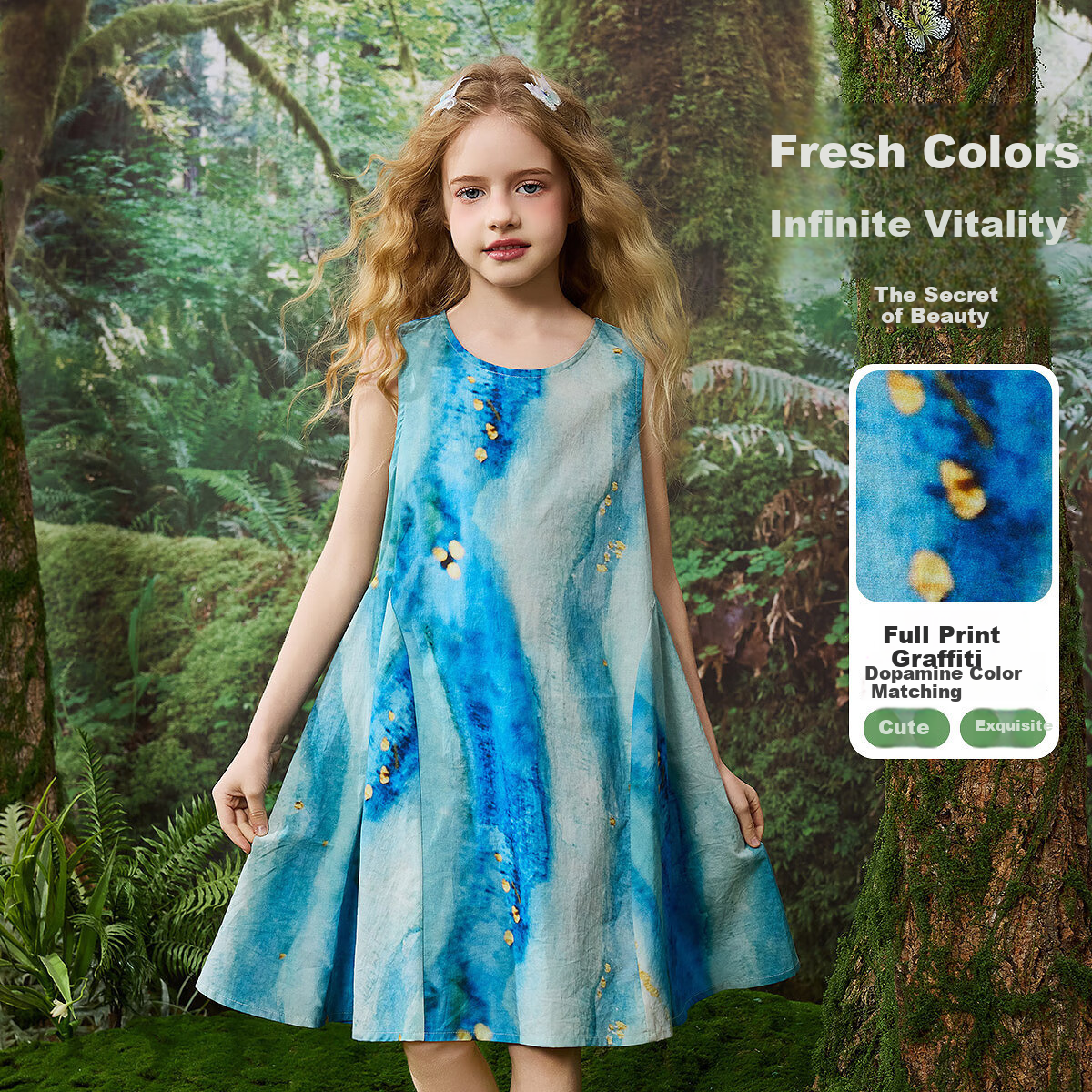 ASK JUNIOR Children's Summer Sleeveless Tank Dress, Girls' Pure Cotton Dress, Gradient Princess Dress with Color Bleeding Effect