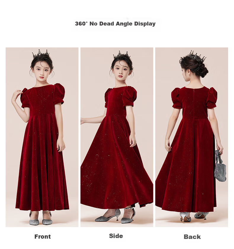 Yinuofang Children's Formal Long Dress, Wine Red, Children's Day Performance Dress, Princess Gown, Wine Red Puff Sleeves, Size 130 4