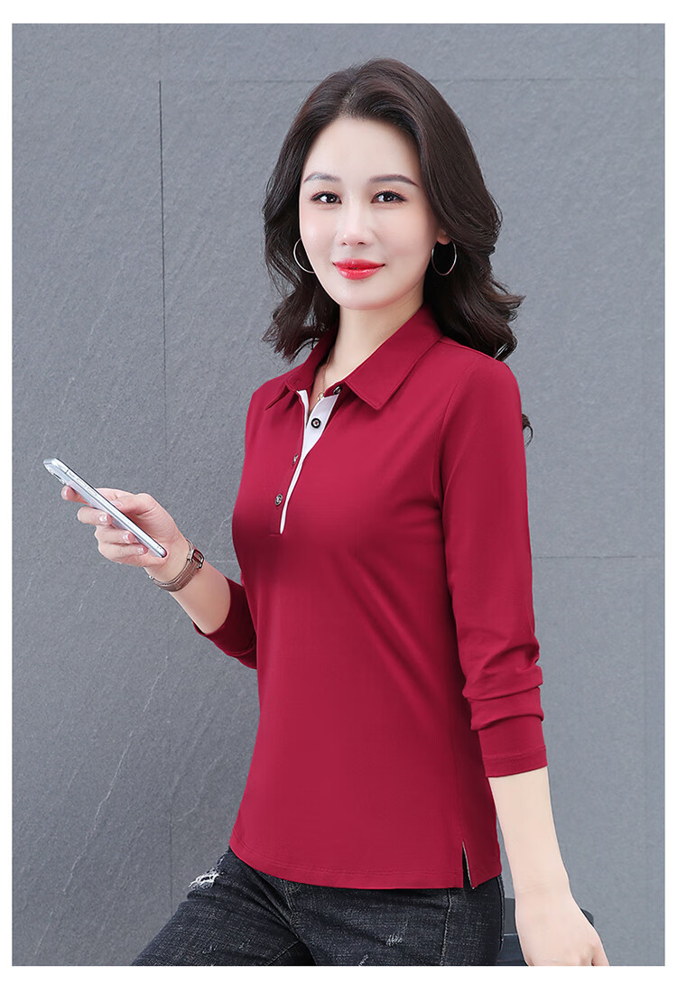 Woodpecker Women's Long Sleeve Cotton Polo Shirt, Spring Autumn New, Middle-aged Plus Size Casual Top, Gray, L 16
