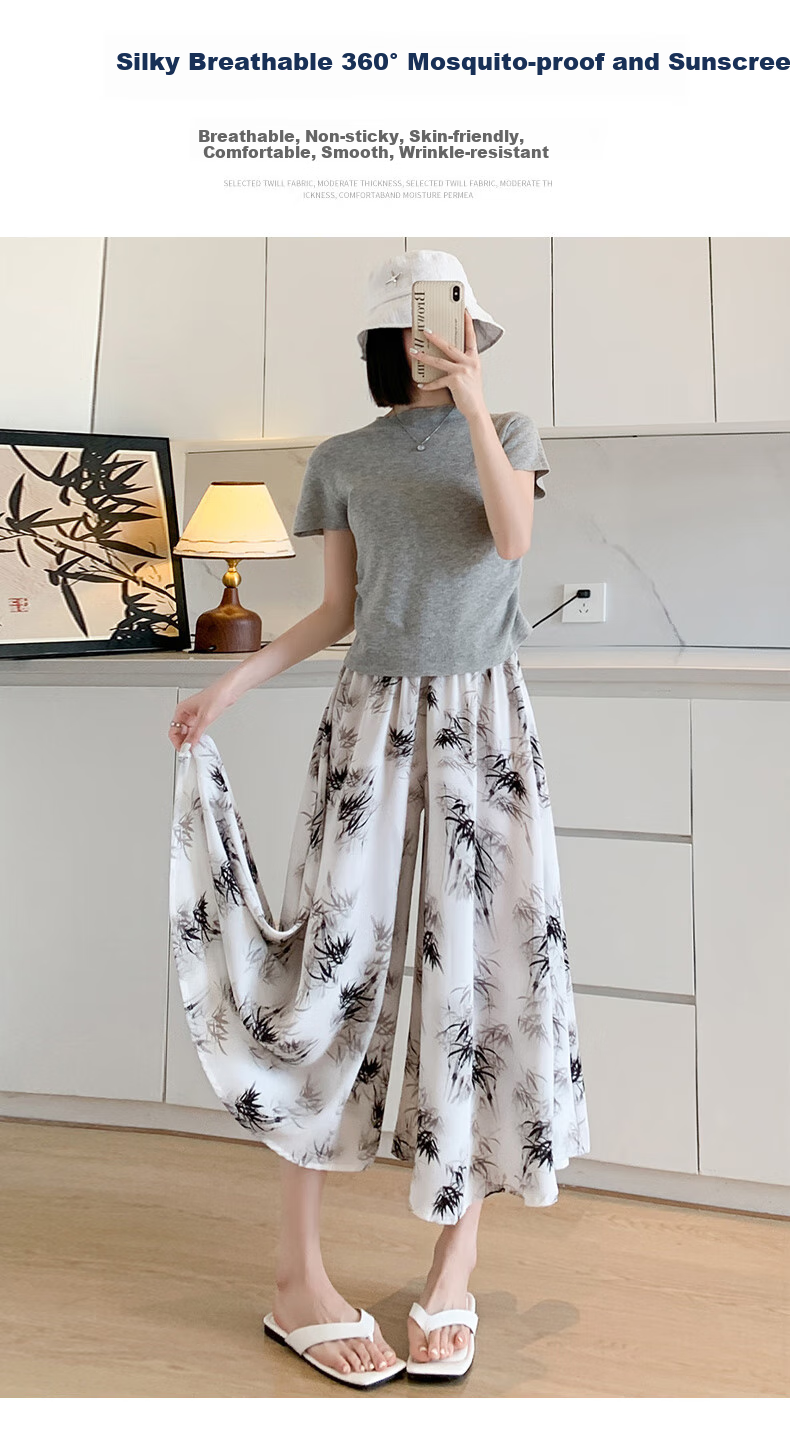 Langsha New Chinese Style Chiffon Skirt Pants for Women, Summer Lightweight New High-Waist Ink Painting Chinese Style Wide-Leg Trousers 8
